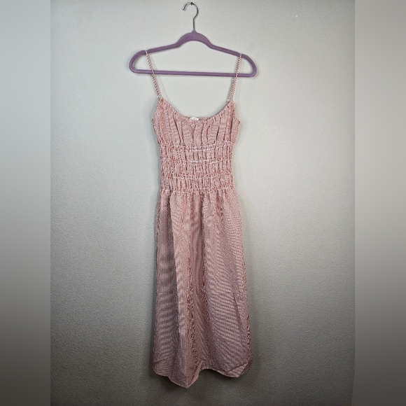 Wayf Womens Isabelle Midi Dress Sz S Shirred Seersucker Striped Adj Straps Red - Picture 2 of 13